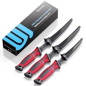 Sidomma Fillet Knife and Bait Knife Set Performance 5"-6"-7" G4116 German Flex Razor Sharp Stainless-Steel Blade with Sheath for Filleting and Boning, Pro Fishing Gear and Equipment Tools, Cool Fishing Gift for Men (Black-Red)