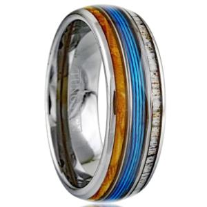 King's Cross Awesome 8mm Mirror Polished Silver Tungsten Carbide Low Dome Band Ring with Brilliant Blue Fishing Line Between Whiskey Barrel Oak Wood and Deer Antler Inlays. (8mm 13)