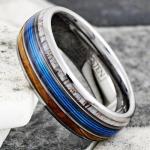 King's Cross Awesome 8mm Mirror Polished Silver Tungsten Carbide Low Dome Band Ring with Brilliant Blue Fishing Line Between Whiskey Barrel Oak Wood and Deer Antler Inlays. (8mm 13)