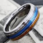 King's Cross Awesome 8mm Mirror Polished Silver Tungsten Carbide Low Dome Band Ring with Brilliant Blue Fishing Line Between Whiskey Barrel Oak Wood and Deer Antler Inlays. (8mm 13)