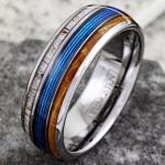 King's Cross Awesome 8mm Mirror Polished Silver Tungsten Carbide Low Dome Band Ring with Brilliant Blue Fishing Line Between Whiskey Barrel Oak Wood and Deer Antler Inlays. (8mm 13)