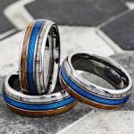 King's Cross Awesome 8mm Mirror Polished Silver Tungsten Carbide Low Dome Band Ring with Brilliant Blue Fishing Line Between Whiskey Barrel Oak Wood and Deer Antler Inlays. (8mm 13)