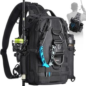 Piscifun Fishing Tackle Backpack with Rod & Gear Holder, Lightweight Outdoor Water-Resistant Fishing Shoulder Storage Bag, Black