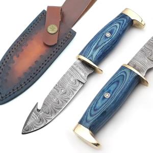 FIFFO BLADE Handmade Damascus Steel Skinning Knife With Gut Hook - Bushcraft Fixed Blade Hunting Knife with Sheath - Gift for Men - Best for Camping, Fishing and Outdoors