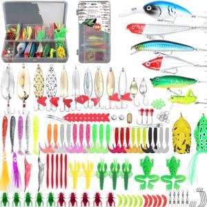EXAURAFELIS Fishing Gear 128pcs Saltwater Fishing Lures Kit Bass Bait Tackle Kit for Trout Salmon Fishing Accessories Tackle Box Including Spoon Lures Soft Plastic Worms Crankbait Jigs Fishing Hooks
