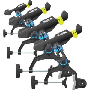 Upgraded Fishing Rod Holder with Button-Lock 360° Dual Rotation, Universal Silicone Strap & Enlarged V-Clamp – Fits Round/Square Tubes, Secure Adjustable Boat Fishing Gear for All Rod Sizes（4pack）