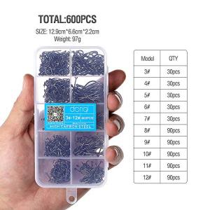 DONQL Bait Holder Hooks, 600Pcs Barbed Fishing Hooks 3#-12# Carp Single Fish Hook Kit Fly Fishing Accessories Carbon Steel Jig Sea Hooks for Freshwater Saltwater (600PCS)
