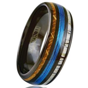 Personalized Engraved 6mm/8mm Polished Black Tungsten Carbide Low Dome Band Ring with Fishing Line Between Whiskey Barrel Oak Wood and Deer Antler Inlays. (Tungsten (6mm), 8.5)