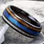 Personalized Engraved 6mm/8mm Polished Black Tungsten Carbide Low Dome Band Ring with Fishing Line Between Whiskey Barrel Oak Wood and Deer Antler Inlays. (Tungsten (6mm), 8.5)