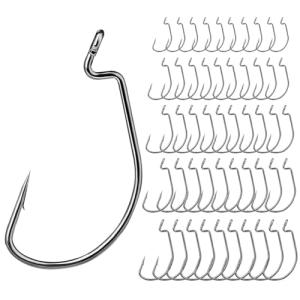 EWG Fishing Hooks 50Pcs Wide Gap Offset Worm Hook Sharp Strong Texas Rig Kit for Freshwater and Saltwater Fishing Multi-Size Set