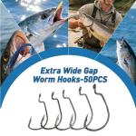 EWG Fishing Hooks 50Pcs Wide Gap Offset Worm Hook Sharp Strong Texas Rig Kit for Freshwater and Saltwater Fishing Multi-Size Set