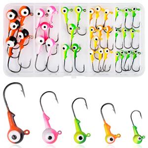 AGOOL Fishing Jig Heads Hooks Kit, 35/60pcs Fishing Lures Jig Heads with Ball Head Crappie Jig Heads Fishing Jig Hooks for Bass Trout Soft Worm Shrimp Lures Freshwater Saltwater