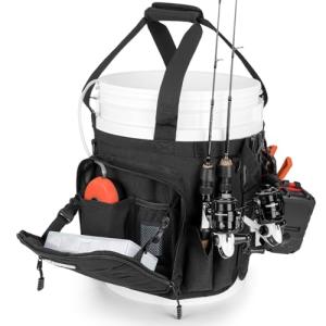 KastKing Karryall Fishing Bucket Organizer for 5 Gallon Bucket, Ice Fishing Tackle Bag with Adjustable Buckle, Rod & Plier Holder and Multi-Pockets for Fishing Gear & Accessories Storage,Black