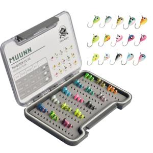 MUUNN Tungsten Ice Fishing Jigs Kit 45pcs More Effective Glow Tungsten Ice Fishing Lure Jigs for Crappie Panfish Walleye (Colorful (45pcs))