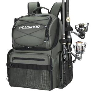 PLUSINNO Cooler Fishing Backpack with Rod Holders 45L Large Water-resistant Fishing Tackle bag Store Fishing Gear Fishing Gifts for Men Father, Sport Bags