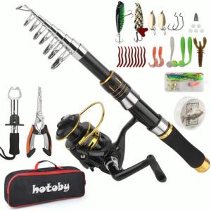 Fishing Pole Combo Set, 6.89ft Fishing Rod and Reel Combo, Carbon Fiber Telescopic Fishing Rod Kit with Spinning Reel, Fishing Pliers, Lip Gripper, Line, Lures for Beginner Angler (Black&Gold, 1PACK)