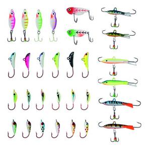 BASSDASH Ice Fishing Lure Kit Glowing Paint Jigs for Winter Ice Jigging Crappie Sunfish Perch Walleye Pike with Tackle Box