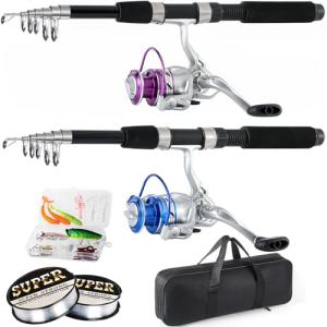 Tripquips Fishing Pole Combo, 6.9ft 2Pcs Telescopic Rods Set, Collapsible Fishing Rods, 2PCS Spinning Reel Set with Carrier Bag Freshwater Fishing Rod and Reel Combos Kits(Blue and Purple)