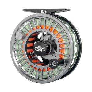 SF SF-003 Pro Fly Fishing Reel for Freshwater - CNC Machined, Mid Arbor Design, Smooth Drag System, Lightweight Aluminum Body - 5/6wt, Gunmetal Gray & Black,Pre-Loaded Moss Green Fly Line Kit