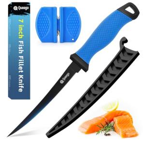 Queego Fillet Knife, 7 Inches Professional Filet Knife for Fish, German G4116 Stainless Steel Blade Fishing Knifes with Two Stage Knife Sharpener,Non-Slip Handles, Protective Nylon Sheath