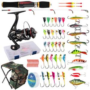 Dr.Fish 40-Pieces Ice Fishing Rod and Reel Combo, Ice Fishing Pole Gear Spinning Reel Equipment Set Backpack Chair Jigs Lures Accessories