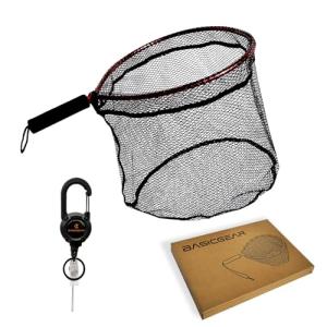 BasicGear Aluminum Fishing Landing Net (Rubber Coated Net)–Tear Resistant Net with Lightweight Frame, EVA Floating Grip, Anti-Loss Rope & Retractable Carabiner, for Fly Fishing, Kayak Fishing