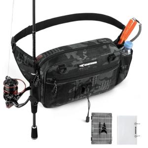 KastKing BaitSpace Waist Bag – Waterproof Tackle Storage Bag With Adjustable Belt, Fishing Fanny Pack for Men, Soft Bait Organizer, 3600 Utility Box, Rod Holder, Nylon, Black Camo
