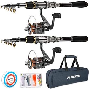 PLUSINNO Telescopic Fishing Rod and Reel Combos Full Kit, Carbon Fiber Fishing Pole, 12 +1 Shielded Bearings Stainless Steel BB Spinning Reel(2pack)