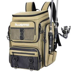 PLUSINNO Fishing Backpack with Rod Holders, 42L Large Water-Resistant Fishing Tackle Bag Store Fishing Gear for Fishing, Camping, Hiking, Fishing Gifts for Men Father, Khaki, Fishing Backpack