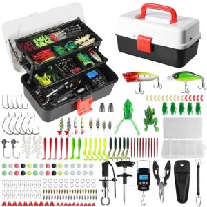 3 Layers Fishing Tackle Box with Tackle Included, 213Pcs Fishing Lures Kit Contains Weights Scale, Lip Clip, Hook Remover, Fishing Accessories, Fishing Gear for Beginners Kids, Men, Adults