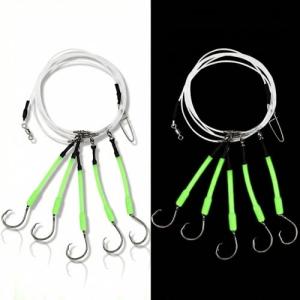 Soulchen 2 Pcs Giant Saltwater Fishing Rig Set - 5 Hooks 6/0 High Carbon Steel Shark Hooks, Glow-in-The-Dark Fluorescent Green