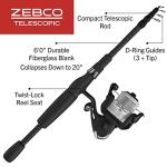 Zebco 33 Spinning Reel and Telescopic Fishing Rod Combo, Extendable 20-Inch to 6-Foot Fiberglass Fishing Pole, EVA Rod Handle, Size 20 Reel, Aluminum Spool, QuickSet Anti-Reverse, Silver/Black