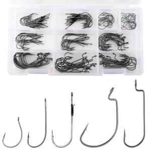Dr.Fish 150 Pieces/Box Bass Hook Assortment, EWG, Round Bend, Drop Shot, Heavy Cover, Freshwater Fishing Worm Hooks Kit with Tackle Box, Texas Rig, Wacky, Punching Flipping