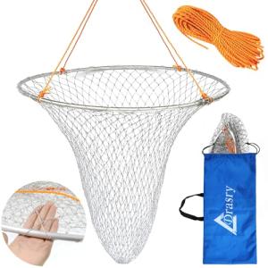 Drasry Foldable Bridge and Pier Fishing Net Landing Net High Load-Bearing Aluminum Ring Drop Net for Saltwater Freshwater Pier Fishing Baskets Net Collapsible with 49.2 FT Rope （23.6 * 23.6 * 37 in）