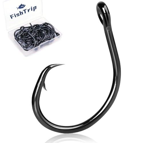 FishTrip 25pcs Circle Hooks Saltwater, in-Line 5X Strong Fishing Hooks for Saltwater & Freshwater, Live Bait Non-Offset Wide Gap Fish Hook for Catfish, Striped, Bass, Salmon, Mackerel, Tuna 2/0