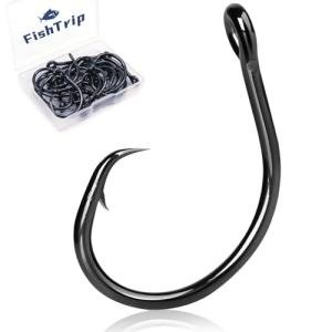 FishTrip 25pcs Circle Hooks Saltwater, in-Line 5X Strong Fishing Hooks for Saltwater & Freshwater, Live Bait Non-Offset Wide Gap Fish Hook for Catfish, Striped, Bass, Salmon, Mackerel, Tuna 2/0
