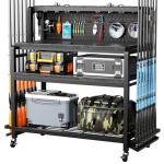 Unikito Fishing Rod Holders for Garage, Large All-in-One Fishing Rod Rack with Hooks, Top Storage Basket and Wheels, Sturdy Easy Assembly Fishing Pole Holder for Garage, Boat, Basement