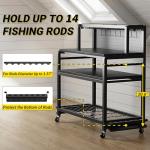 Unikito Fishing Rod Holders for Garage, Large All-in-One Fishing Rod Rack with Hooks, Top Storage Basket and Wheels, Sturdy Easy Assembly Fishing Pole Holder for Garage, Boat, Basement