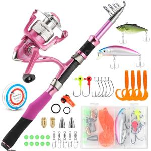 Ladies Telescopic Fishing Rod and Reel Combos,Spinning Fishing Pole Pink Designed for Ladies Fishing Girls Fishing Pole by PLUSINNO