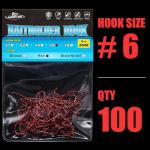 Baitholder Fishing Hooks 100 Pack - Double-Barbed Long Shank for Bluegill Bass Trout Walleye Black/Red, 8/0-#8 (1-Red, Size:6 100-Pack)