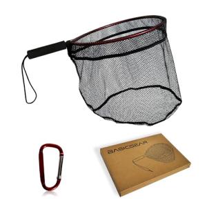 BasicGear Aluminum Fishing Landing Net (Nylon Net Version) – Ultra Soft Nylon Mesh with Lightweight Frame, EVA Floating Non-Slip Grip, Anti-Loss Rope & D-Ring, Fish-Friendly