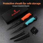 BasicGear Fishing Fillet Knife Set of 2 – 7” 440C Stainless Steel Blade with Non-Stick Coating, Ergonomic Non-Slip Handle, Sheath, and Sharpener – For all fish types