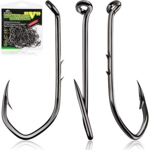 LUCKYFISHING Baitholder Fishing Hooks Saltwater Freshwater 100pcs Professional V Bait Holder Hooks for Bass Trout Crappie Soft Live Baits Black with Size 2