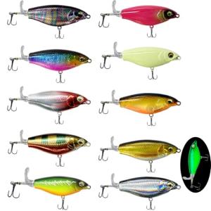 10pcs Fishing Lure for Bass, Upper Water Popper Fishing Lures with Long Floating Rotating Tail Treble Hooks, Freshwater Plopping Lures for Bass Catfish Pike