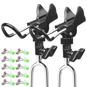 Aluminum Bank Fishing Rod Holder 2 Pack with 10 Fishing Bells - Heavy Duty Ground Spike Fish Pole Stand Rack for Shore, Surf, Beach Fishing - Great for Men