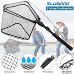 PLUSINNO Fishing Net Fish Floating Landing Net, Kayak Nets with Fixed Foldable Telescopic Pole Handle,Bass Trout Fishing Nets with Nylon Mesh for Pond Lake River,Fishing Gear Gifts for Men,Black 0.8M