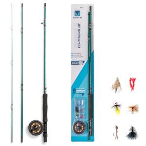 Martin Complete Fly Fishing Rod and Reel Combo Kit, 5/6-Weight 8-Foot 3-Piece Moderate Action Fiberglass Rod, Single Action Rim Control Reel, 6-Weight Line, 6-Piece Fly Assortment, Brown/Green