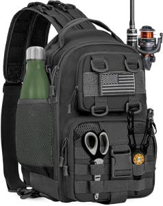GMAK Fishing Backpack Tackle Sling Bag, Tactical Fishing Tackle Backpack with Rod & Gear Holder, Lightweight Outdoor Water-Resistant Tackle Gear Pack Shoulder Bags for Men Women, Black