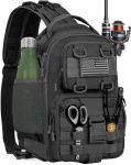 GMAK Fishing Backpack Tackle Sling Bag, Tactical Fishing Tackle Backpack with Rod & Gear Holder, Lightweight Outdoor Water-Resistant Tackle Gear Pack Shoulder Bags for Men Women, Black