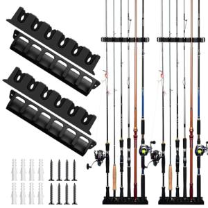 Cooltto Fishing Rod Holders Wall-Mounted 2 Pairs, Simple Deluxe Fishing Pole Holder & Rack Store up to 12 Rods or Combos for Garage & Boat (Vertical, Black)